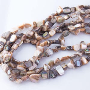 May include: A strand of iridescent brown and white shell beads. The beads are irregular in shape and have a natural, organic look.