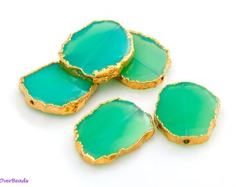 10Pcs -Side Drilled FREEFORM Gemstone Slice, 24k Gold Edge, Pendant, Turquoise, Chrysophase, Labradorite, Emerald, Black Spaniel, OV41