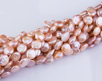 14mm-16mm Peach Champagne Coin Pearls, Freshwater Pearls, Pure,High luster , Loose Pearls, High Quality, Priced per Strand, PRL128