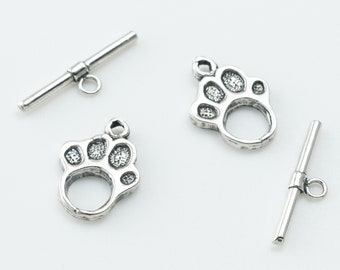 2 SETS - Sterling Silver Paw Print Toggle with Bar, For Bracelet and Necklace Making, Toggle Findings, SFT002