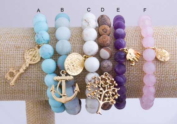 Gemstone Stretch Bracelet w/ Charm, Multi Color, Beaded Bracelet, Gold  Plated over Tin, Gold Charm, Handmade Bracelet, Elegant Jewelry, BR06