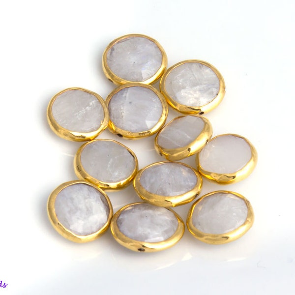 Hand Picked 10mm  Moonstone Gemstone Link Connector Gold Vermeil Bezel, Top Drilled Faceted Beads, High Quality, Sold per Pc ,0V12T