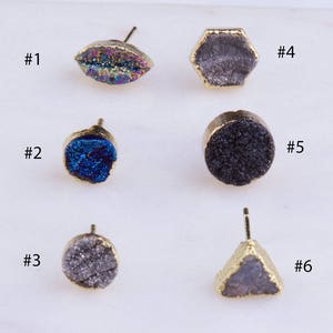 Druzy Stud Earrings, Marquise, Circle, Hexagon, Triangle, Rainbow Color, Grey, Blue, Bridesmaid Gift, Post Earrings, Priced per Pair, ER01