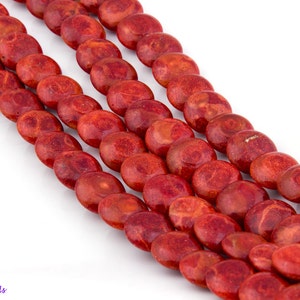 12mm Dyed RED SPONGE CORAL Flat Round Disc Coin Beads, 16&quot; Full Strand, Red Gemstones, GS12COR