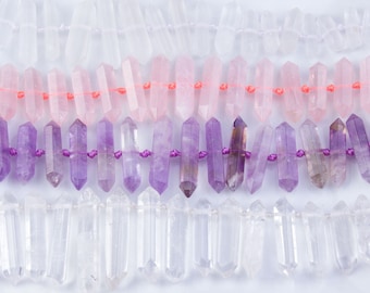 Large Crystal Point Pendant, Rose Quartz, Amethyst, Natural Gemstone, Center Drilled, Healing Stone, Quartz Pendant Priced per Strand, POI01
