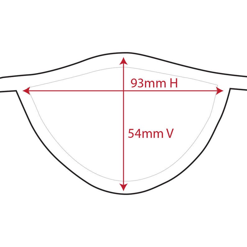 May include: A black outline of a lens shape with red measurement lines. The horizontal measurement reads 93mm H, and the vertical measurement reads 54mm V. The lens shape is on a white background.