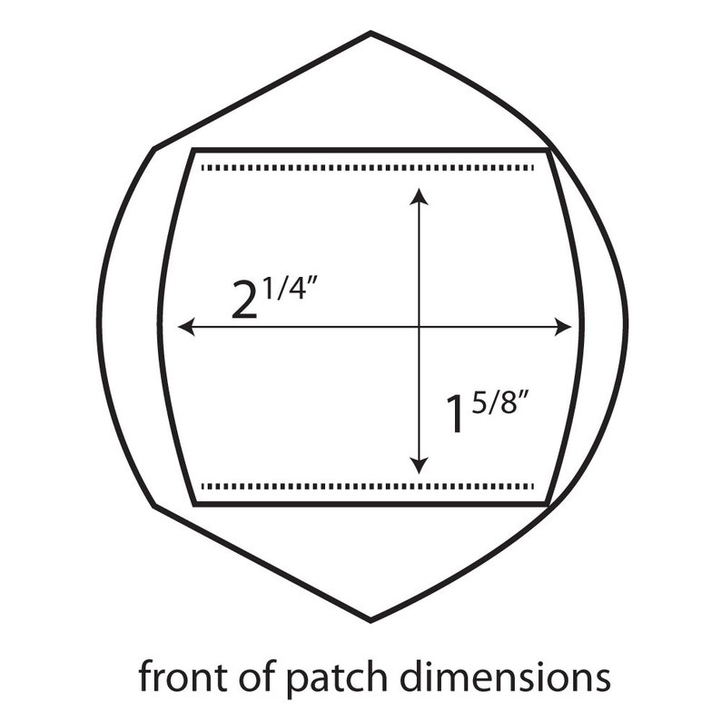 Peut inclure: Sch&eacute;ma montrant l'avant d'un patch avec ses dimensions. Le patch mesure 5,7 cm de large et 4,1 cm de haut, avec une bordure en pointill&eacute;s. Le patch est &agrave; l'int&eacute;rieur d'un contour noir.