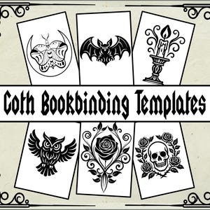 May include: Goth Bookbinding Templates featuring black and white illustrations of a butterfly, bat, candle, owl, rose, and skull. The designs are displayed on white cards with a decorative border.