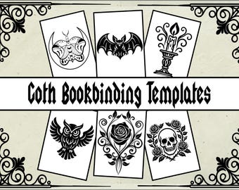 Puede incluir: Plantillas de encuadernación gótica con ilustraciones en blanco y negro de una mariposa, un murciélago, una vela, un búho, una rosa y una calavera. Los diseños están en tarjetas blancas con un borde decorativo.