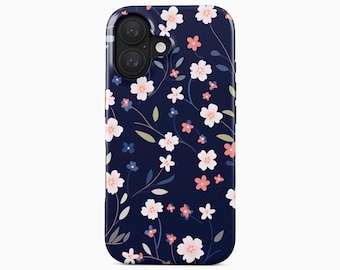 Navy Floral Pattern Phone Case | Elegant Minimal Blossoms | iPhone, Samsung Galaxy, Google Pixel