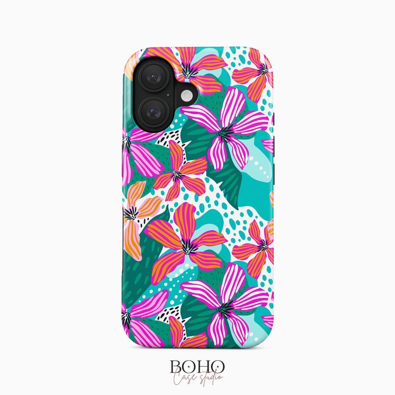 Turquoise Floral iPhone Case | Vibrant Tropical Flower Pattern Design Tough MagSafe iPhone 18-13 Series image 1