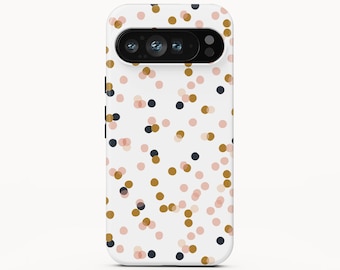 May include: A white smartphone case featuring a scattered pattern of circular dots in shades of mustard yellow, soft pink, and dark navy blue. The case has a horizontal camera cutout at the top and the text Boho Case Studio printed at the bottom.