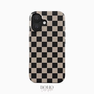 May include: A rectangular phone case featuring a repeating black and beige checkered pattern across the entire surface. The case includes a cutout for a dual-lens camera system and a flash, with the text BOHO Case studio printed at the bottom.
