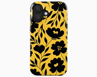 Bold Floral Phone Case Black Flower Silhouette on Yellow for iPhone, Samsung, Google Pixel