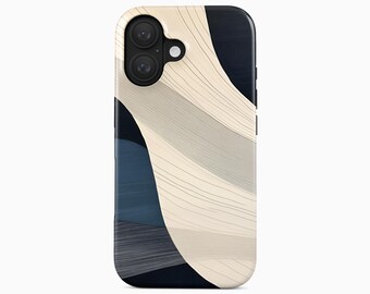 Marineblaue und cremefarbene Handyhülle mit abstraktem, modernem, minimalistischem Linienmuster für iPhone 18, 17, 16, 15 Pro Max Plus und Samsung Galaxy S26, S25 Ultra