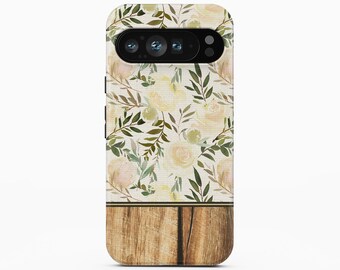 Funda para teléfono con estampado floral, vetas de madera y diseño botánico.