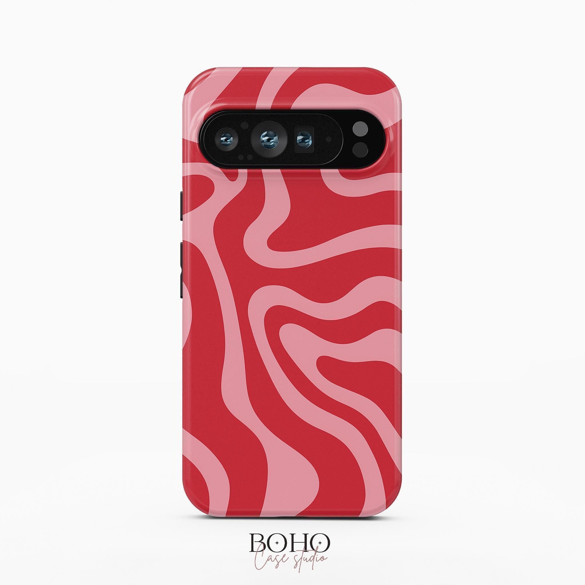 赤とピンクの渦巻き模様の美しい波状の抽象的なパターンのiPhoneケース