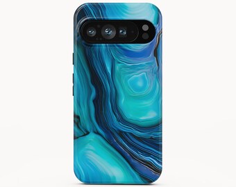 May include: A smartphone case featuring a vibrant blue and teal agate-inspired pattern with swirling, marbled textures. The design includes a horizontal black camera cutout at the top, showcasing three circular lenses and a flash sensor on the right.