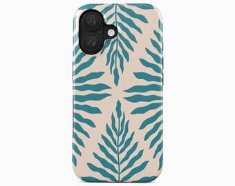 Groovy Teal Leaves Phone Case for iPhone 15 Pro Max, Samsung Galaxy S26 Ultra
