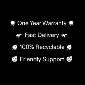 a list of features or benefits, including "One Year Warranty", "Fast Delivery", "100% Recyclable", and "Friendly Support", all presented in a simple, black and white design.