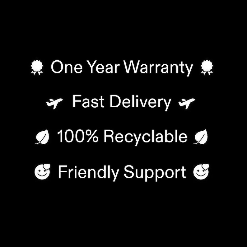 a list of features or benefits, including "One Year Warranty", "Fast Delivery", "100% Recyclable", and "Friendly Support", all presented in a simple, black and white design.