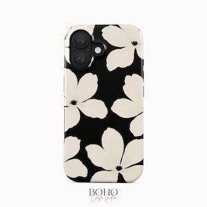 Coque iPhone florale noire et blanche | Motif floral minimaliste Robuste MagSafe | iPhone série 17|12