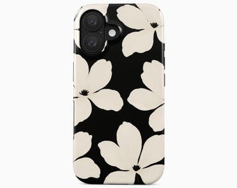 Funda para iPhone con diseño floral en blanco y negro / Estampado floral minimalista resistente MagSafe / Serie iPhone 17/12
