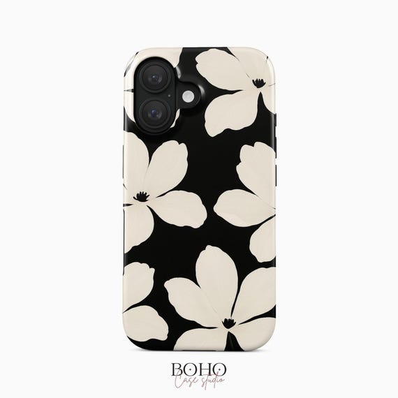 Black White Floral iPhone Case | Minimalist Flower Pattern Tough MagSafe | iPhone 17|12 Series