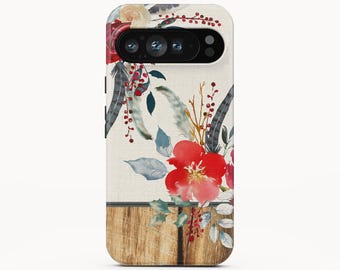 Funda de madera con diseño floral para Google Pixel 10 Pro XL y iPhone 15 Pro Max