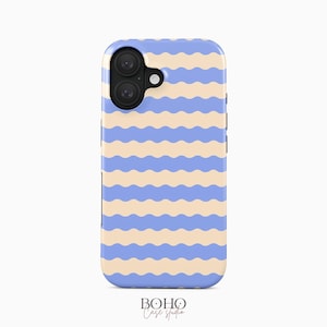 Blue Beige Wavy Stripe iPhone Case | Retro Coastal Groovy Tough MagSafe | iPhone 17-12 Series