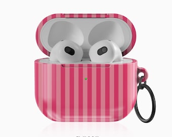 May include: Pink and white striped protective case for AirPods with a small black ring attached to the case.