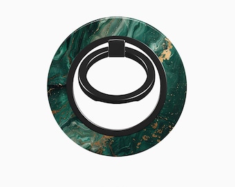 May include: A green and gold marble phone ring holder with a black metal ring. The ring is designed to be used as a stand or grip for a phone.