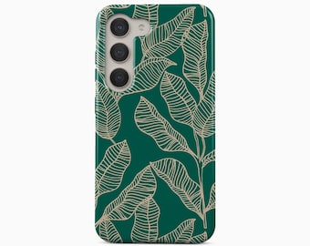 Funda para teléfono con diseño de hojas y líneas verdes, compatible con Samsung, iPhone y Pixel.
