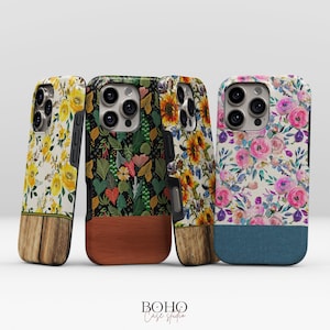 May include: Four phone cases with floral designs. The cases feature a wood-grain bottom and a variety of floral patterns, including yellow sunflowers, pink roses, and tropical leaves. The cases are displayed against a white background.