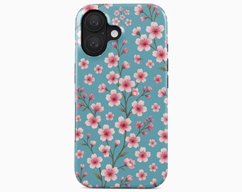 Telefoonhoesje met kersenbloesemmotief | Blauwgroenroze bloemenprint | iPhone, Samsung Galaxy, Google Pixel