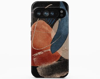 Op de afbeelding: Een smartphonehoesje met een abstract ontwerp van overlappende vormen in terracotta, marineblauw en beige tegen een zwarte achtergrond. Het patroon bevat getextureerde penseelstreken en dunne gouden glitterlijnen. De tekst Boho Case Studio is zichtbaar.
