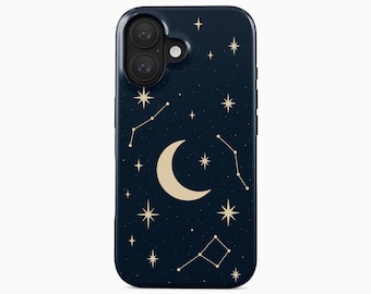 May include: A dark navy blue smartphone case featuring a cream-colored crescent moon, various four-pointed stars, and thin-lined constellations scattered across the back. The case has a cutout for a dual-lens camera system and a flash.