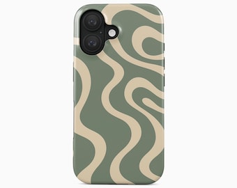 Olive Green Wavy Lines Phone Case, Modern Abstract Art