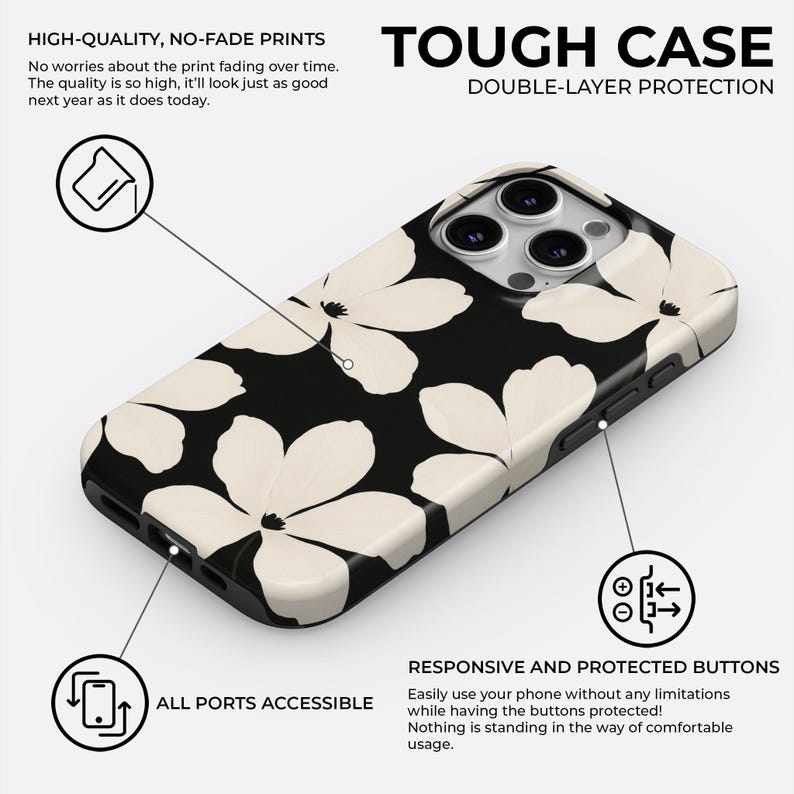 Funda para teléfono con estampado floral en blanco y negro, diseño moderno y llamativo, para iPhone 18, 17, 16, 15 Pro Max Plus y Samsung Galaxy S26 S25 Ultra. imagen 3