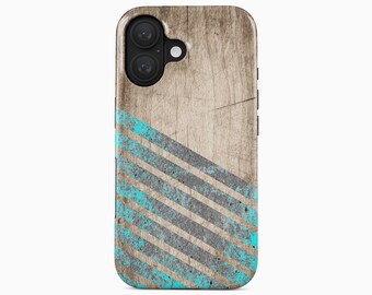Rustikt trärandigt telefonskal | Design med slitna turkosa linjer | iPhone, Samsung Galaxy, Google Pixel