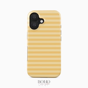 May include: A yellow and cream striped phone case with a dual-lens camera cutout. The case has a rounded shape and a glossy finish. The text "BOHO Case Studio" is printed at the bottom of the case.