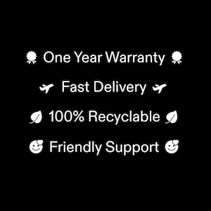 a list of features or benefits, including "One Year Warranty", "Fast Delivery", "100% Recyclable", and "Friendly Support", all presented in a simple, black and white design.