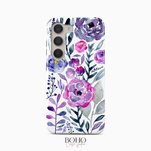 Purple Watercolor Flowers Phone Case for Samsung Galaxy S25 S24 S23 S22 Plus Ultra, iPhone 16 15 14 13 12 Pro Max Plus Mini, Pixel 9 Pro XL