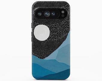 May include: A smartphone case featuring a black sky filled with white stippled dots and a large white circular moon. Below the sky, layered mountain silhouettes in various shades of blue create a landscape design. The case has a camera cutout.