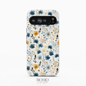 Blauwe telefoonhoes met bloemenprint voor Google Pixel 11 Pro XL 10a 10 9a 9 8a 8, iPhone 18 Pro Max, Samsung Galaxy S26 Ultra, Botanische hoes met wilde bloemen
