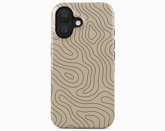 May include: A beige smartphone case featuring a black topographic map line pattern across the entire surface. The case includes a black camera module cutout with two circular lens openings and a small circular flash opening on the upper left side.