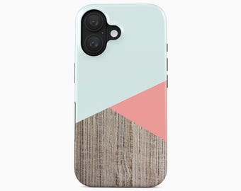 Geometrische Handyhülle aus Holz und Pastellfarben, modernes Farbblockmuster für iPhone 18, 17, 16, 15 Pro Max Plus, Samsung Galaxy S26, S25, S24 Ultra
