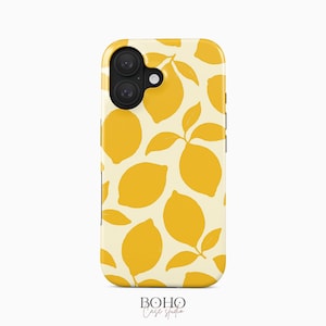 May include: A rectangular phone case featuring a repeating pattern of bright yellow lemons and leaves on a cream-colored background. The case has a black camera cutout at the top left corner and the text BOHO Case studio printed at the bottom.