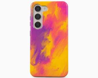 May include: A rectangular smartphone case featuring a vibrant abstract pattern of blended yellow, orange, and purple brushstrokes. The case has a vertical camera cutout on the upper left side containing three circular lenses and a small flash unit.