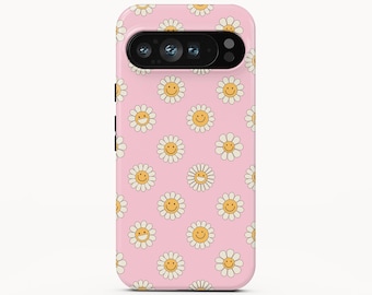 Funda para teléfono con diseño floral de margaritas sonrientes para iPhone, Samsung Galaxy y Google Pixel.